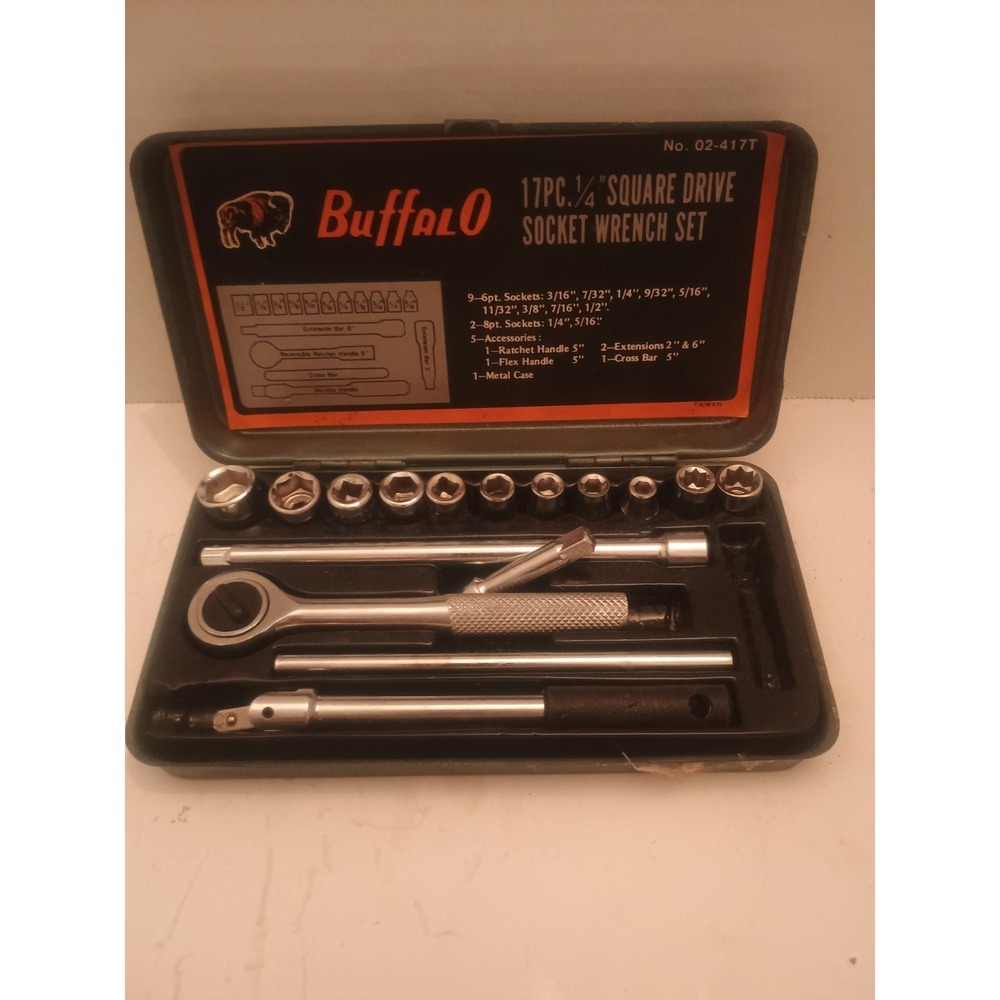 Vtg Buffalo 17 pc Socket Wrench Set # 02-417   1/4 Dr   Metal Case